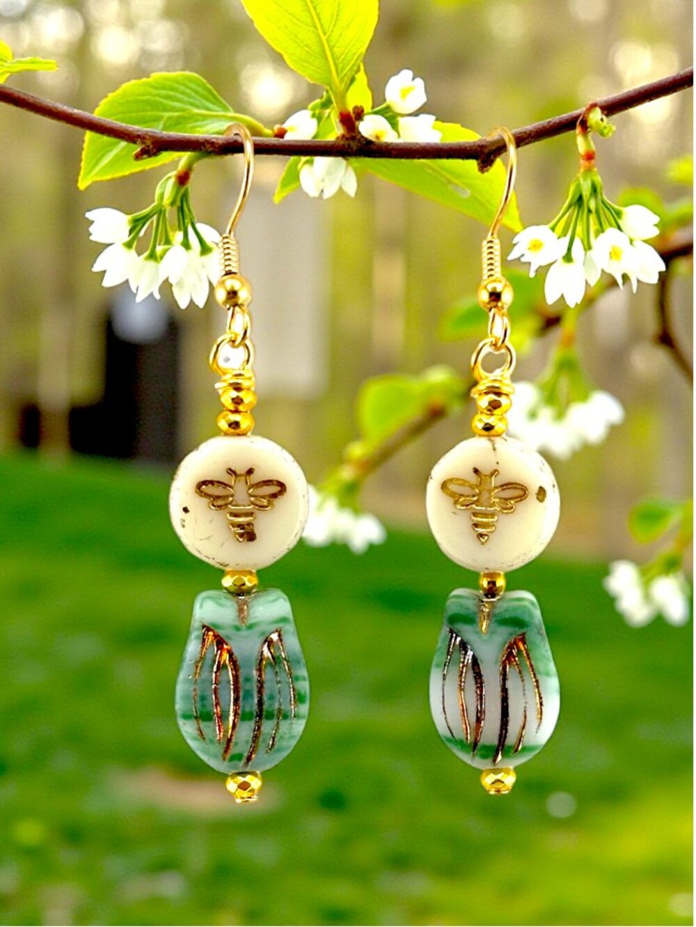 Bee Tulip Czech Glass Earrings Mint Green Gold Plated Floral Dangle Handmade